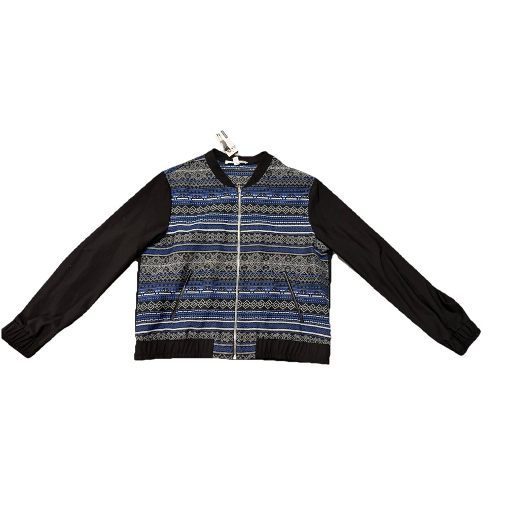 Karen Kane Womens Blue Geometric Jacquard Zip Up Bomber Jacket NWT Size L